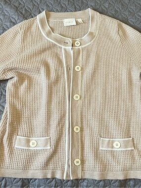 Cyrus Neutral Beige Waffle Knit Button Cardigan with Trim